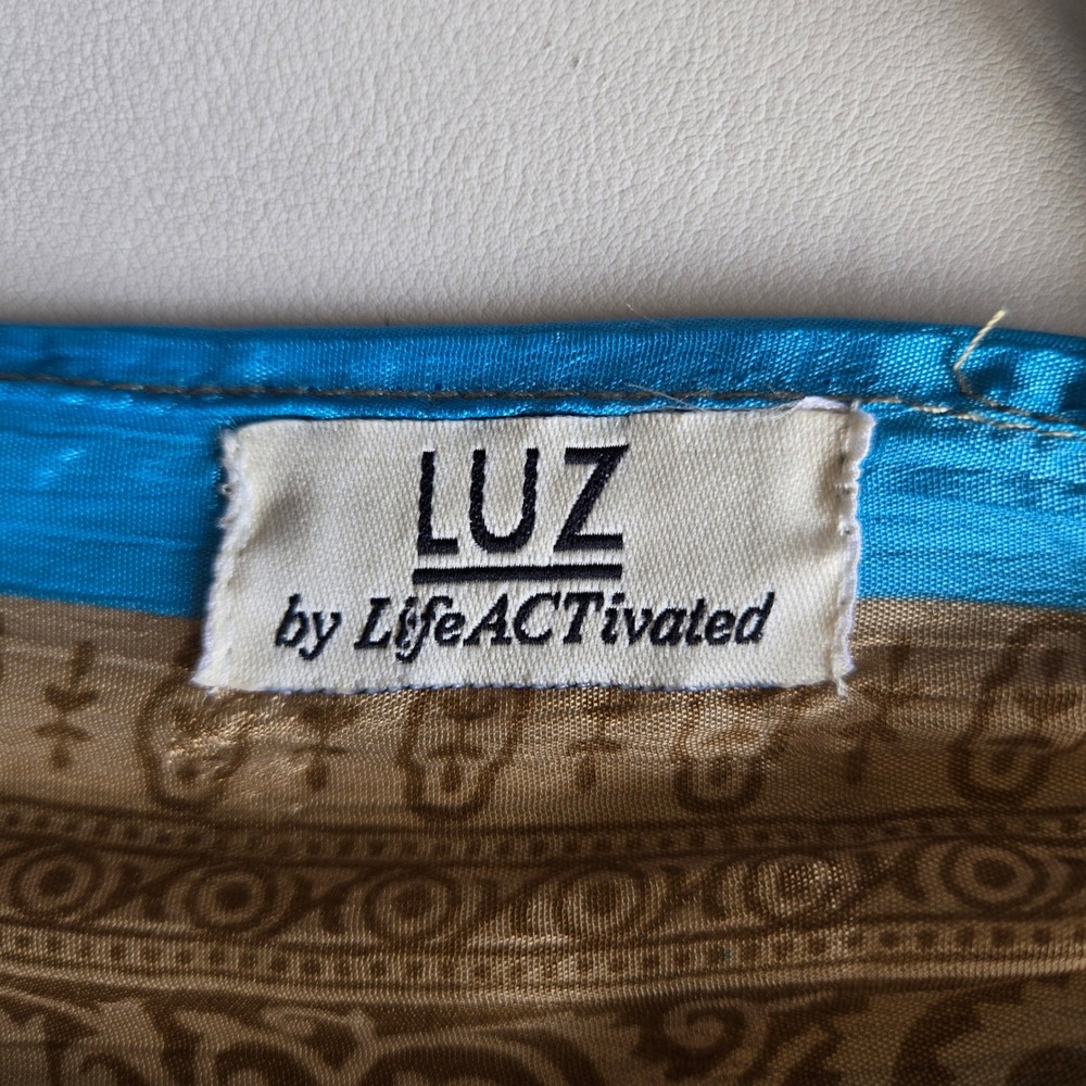 Luz Blue Tan Silk Boho Maxi Kaftan Dress OS Deep V-neck Indie Resort Luxe Hippie - Picture 8 of 9